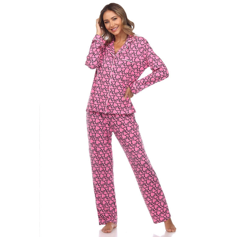 White Mark Long Sleeve Heart Print Pajama Set