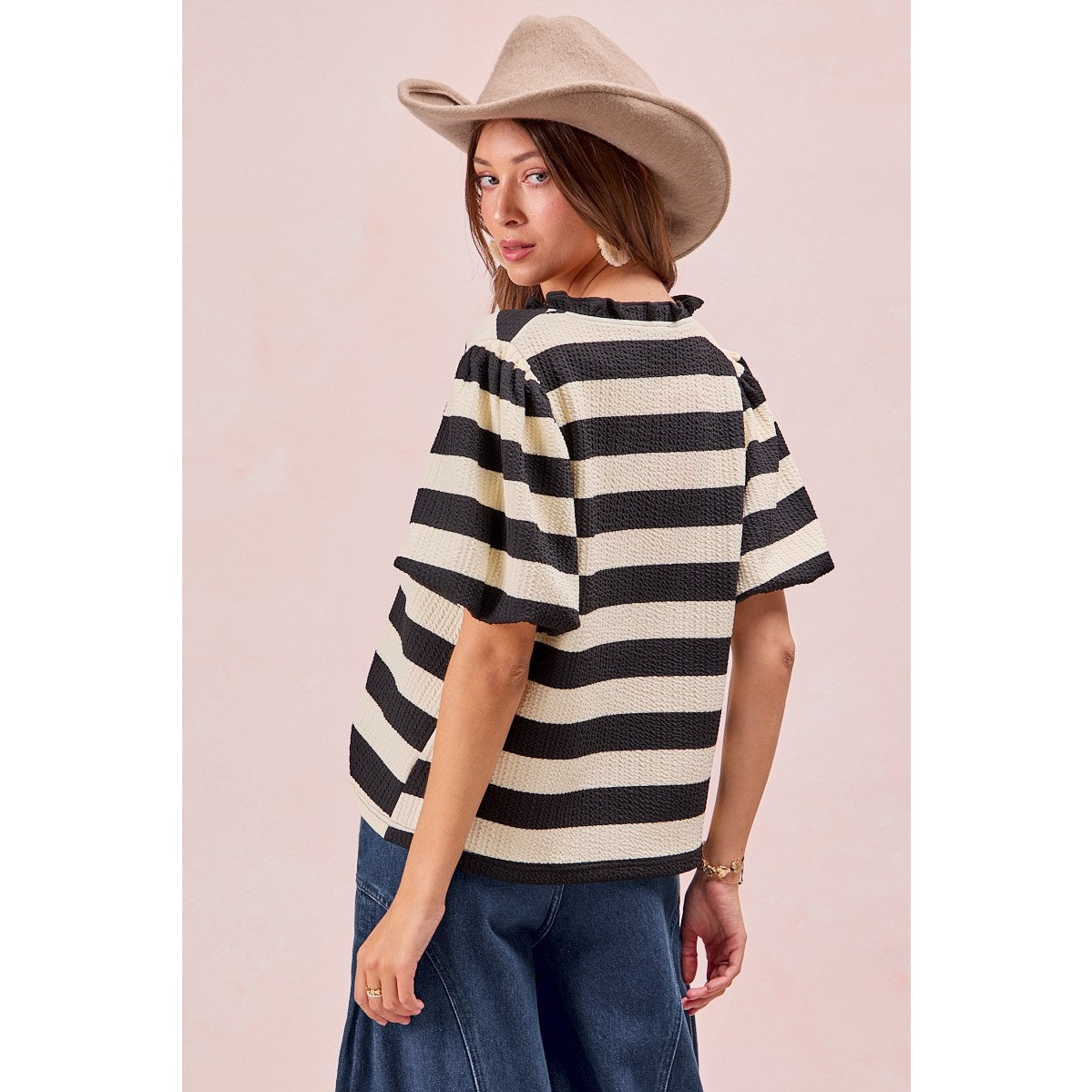 Bibi Stripe Balloon Sleeve Ruffled V-Neck Top