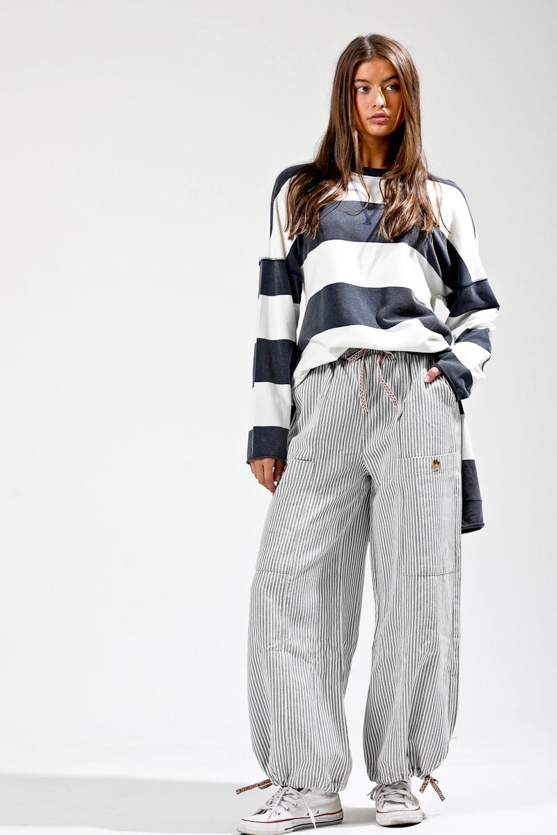 Noaboa Elastic Waist Vintage Washed Stripe Pants