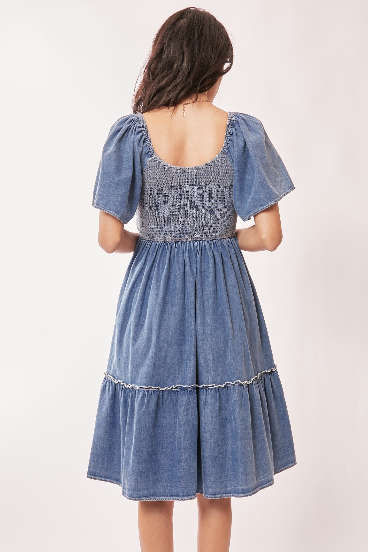 loft denim dress with bows Entro Denim Dress W/Slit Sleeves & Cinch Waist With Tie Back M