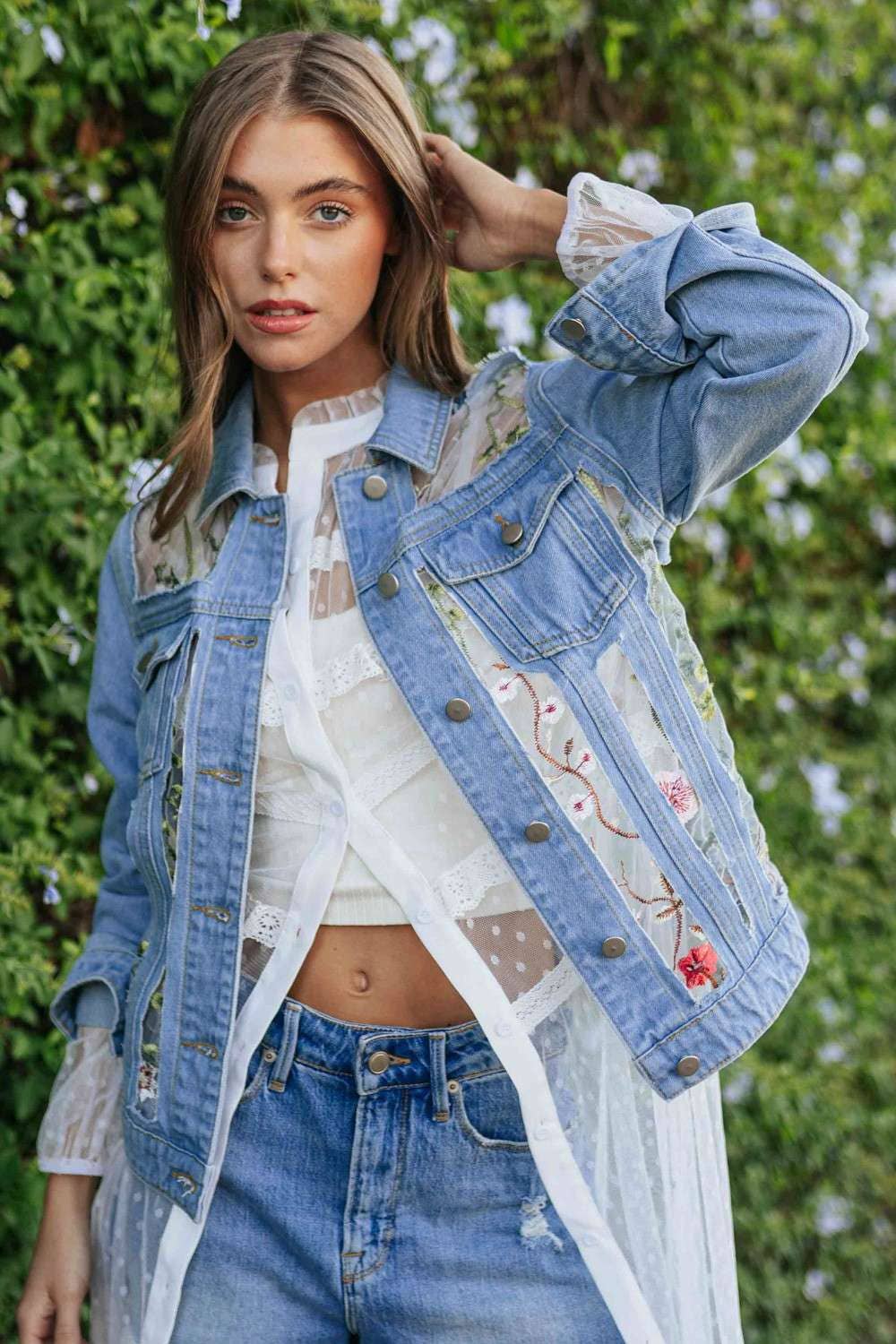 Davi & Dani Floral Embroidery Mesh Denim Jacket