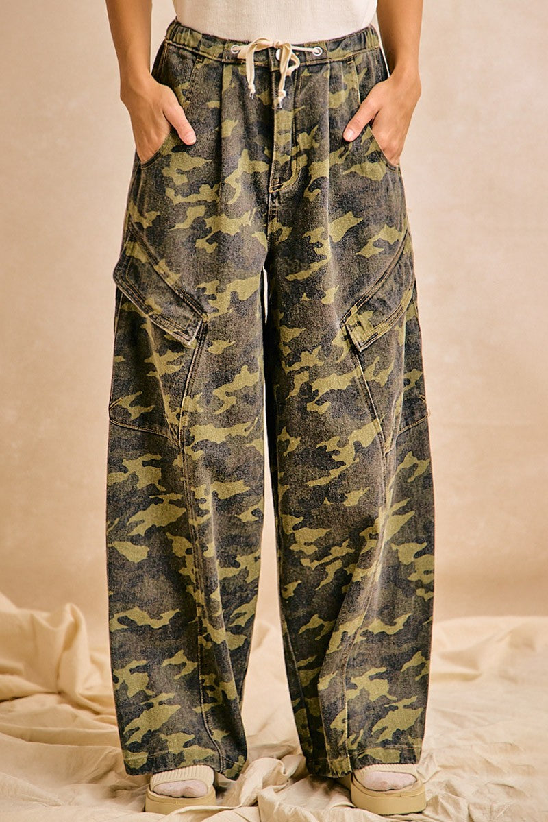 Bibi Camo Printed Baggy Barrel Cargo Pants