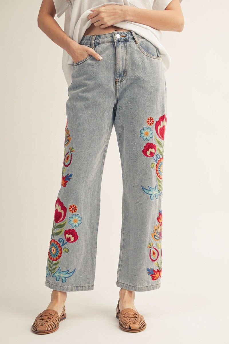 Jodifl Embroidered Washed Denim Pants