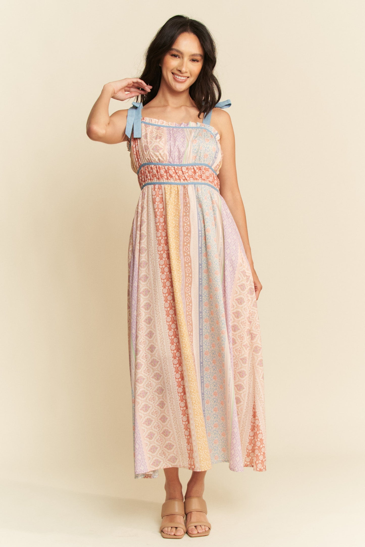 Davi & Dani Denim Contrast Ruffle Trim Striped Midi