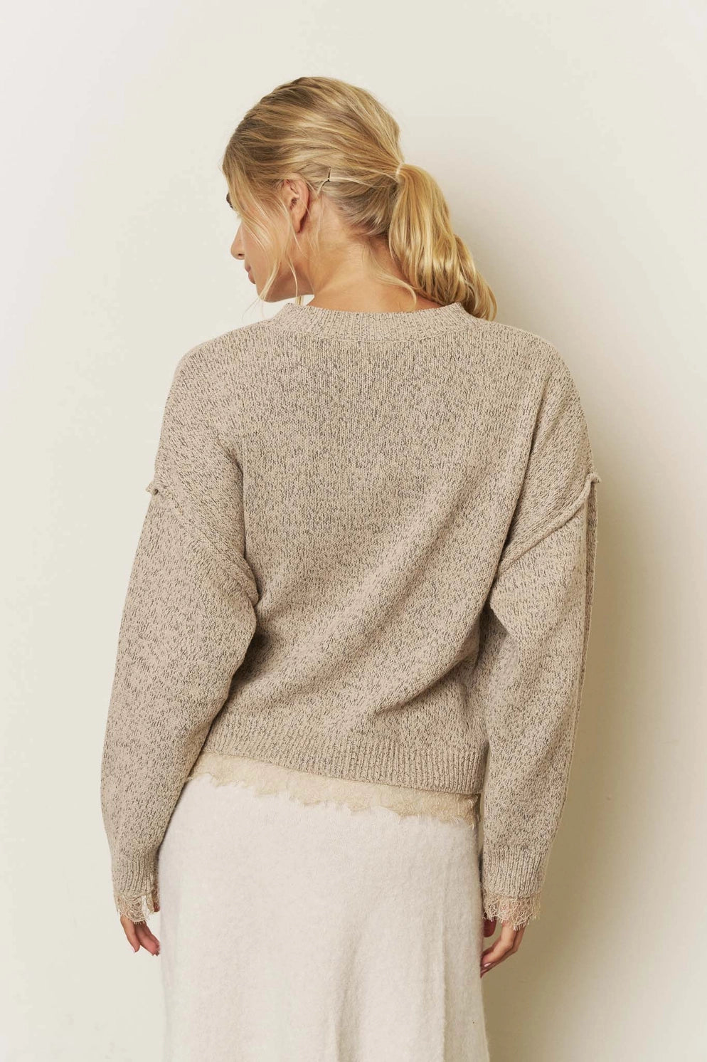 Blu Pepper Lace Trim Exposed Seam Knit Cardigan