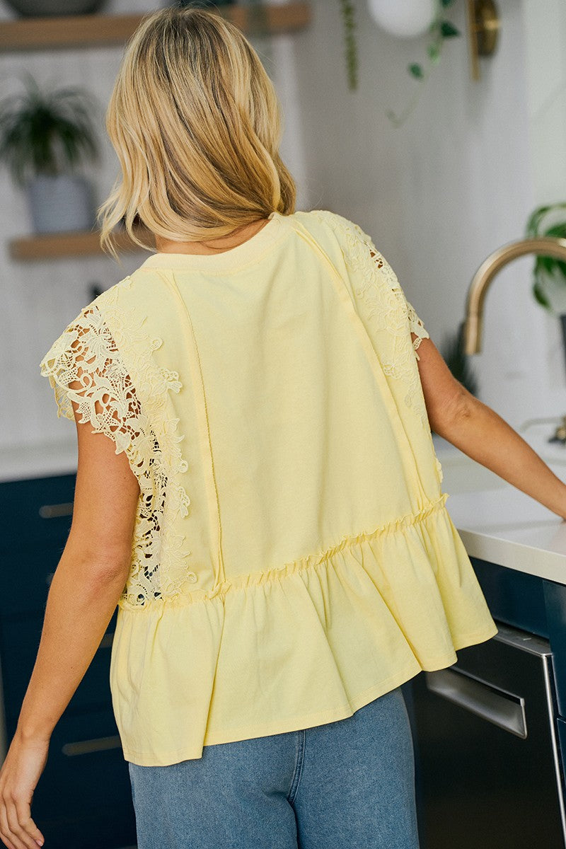 Bibi Solid Jersey Tiered Top W/Lace Sleeve