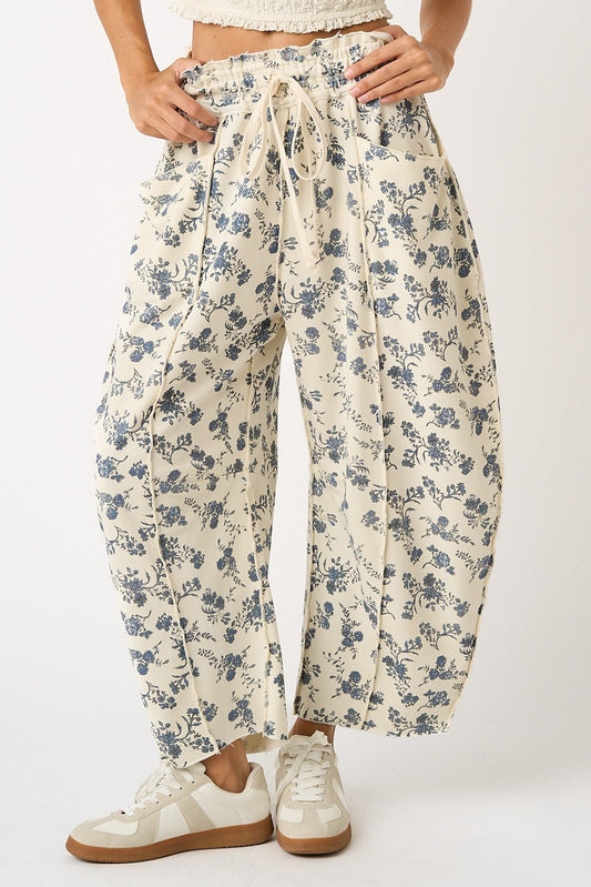 Mittoshop Floral Print Seam Detail Pull on Barrel Pants