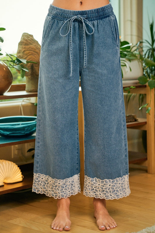 Bibi  Denim Drawstring Pants W/Flower Lace Trim