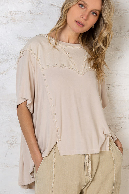 POL Oversized 1/2 Sleeve Pearl Detail Ribbed Top