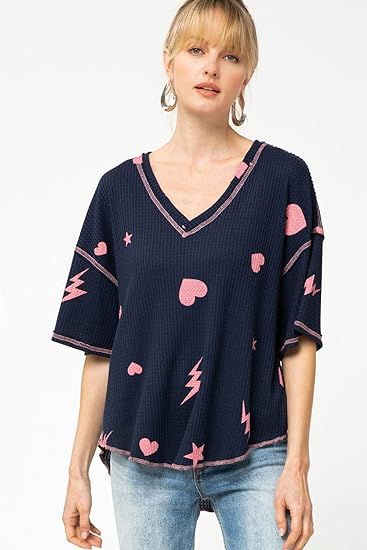 Entro Waffle Knit Short Sleeve Top with Hearts