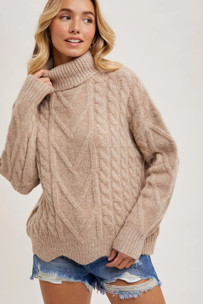 Bluivy Turtle Neck Cable Knit Scallop Hem Sweater