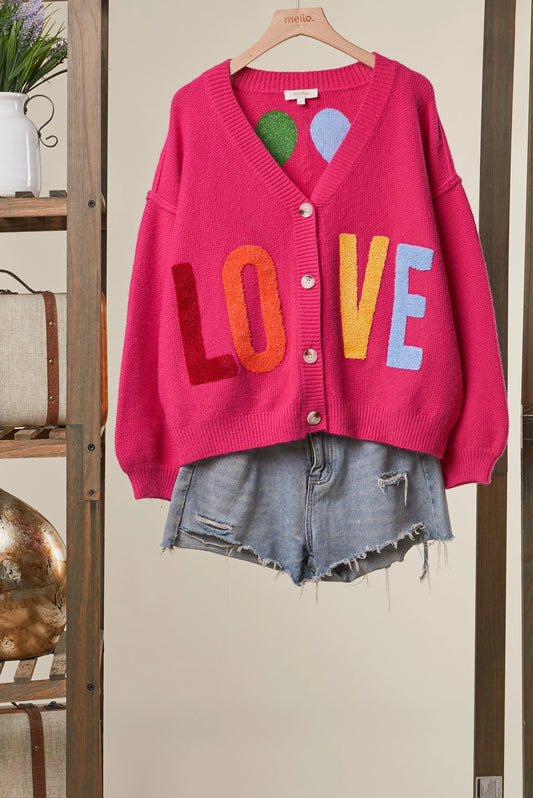 Mello Love Lettering Heart Patchwork V Neck Cardigan