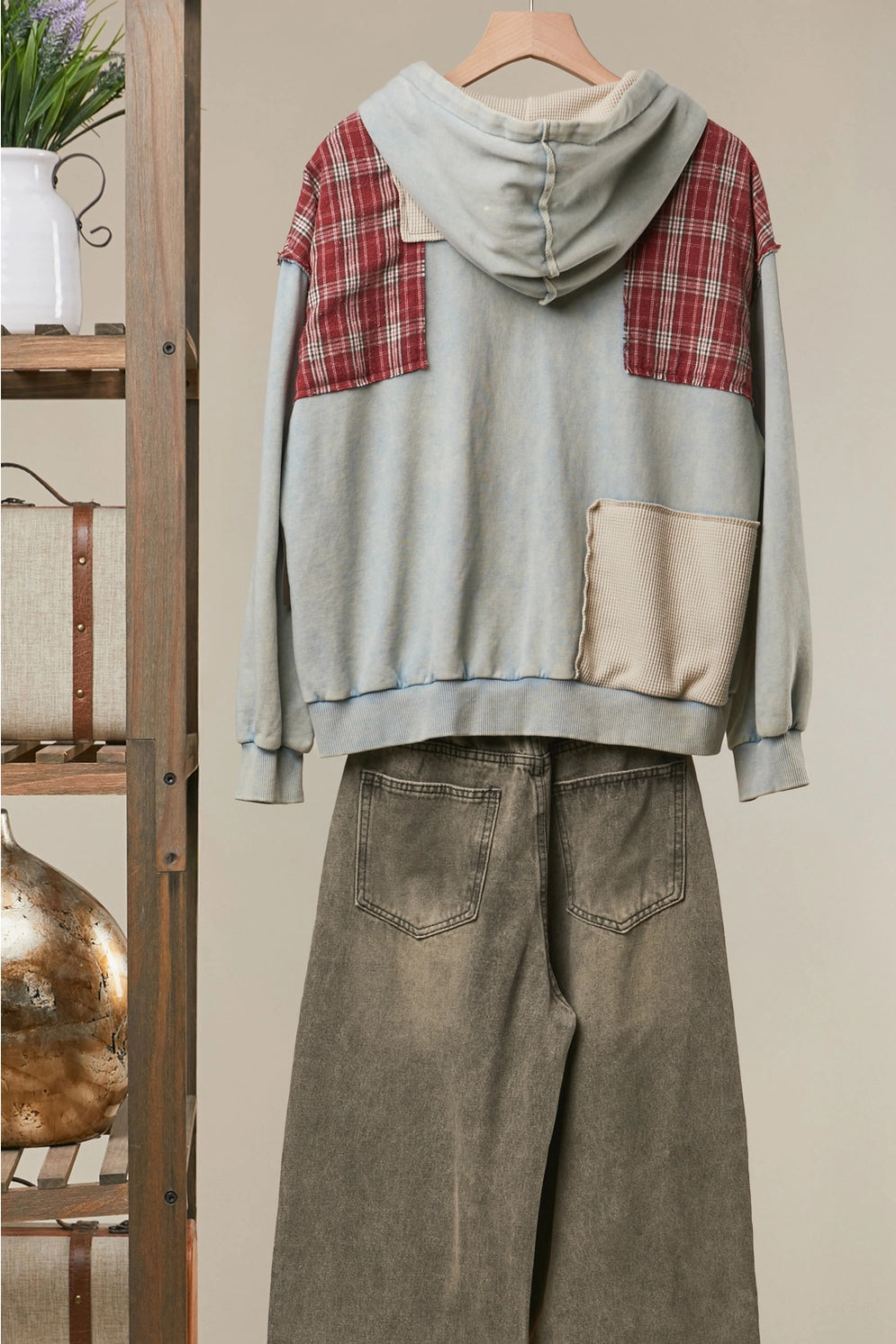 Mello Washed Blue Plaid Patch Hoodie