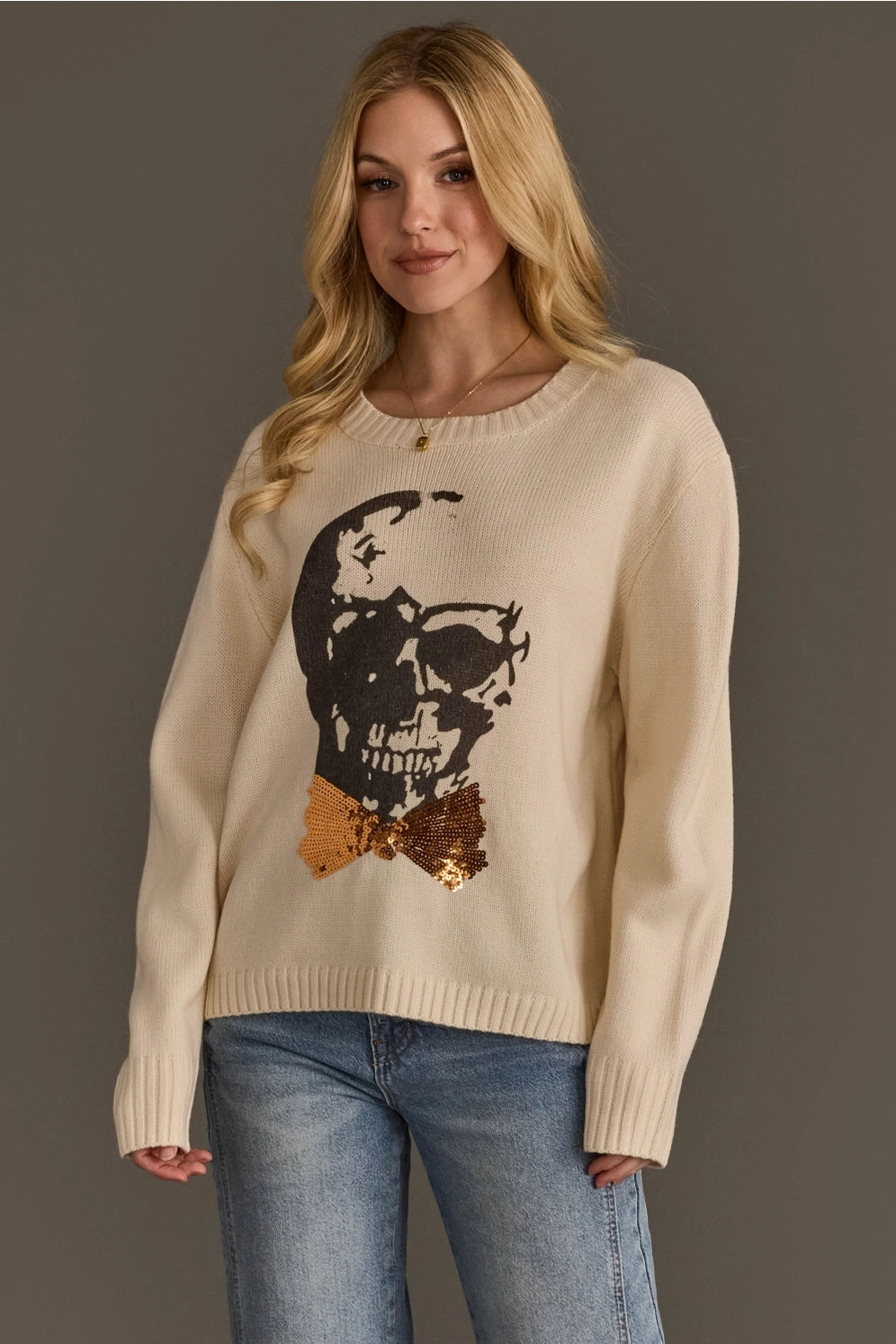 Panache Apparel Large Skull With Bow Tie Sweater