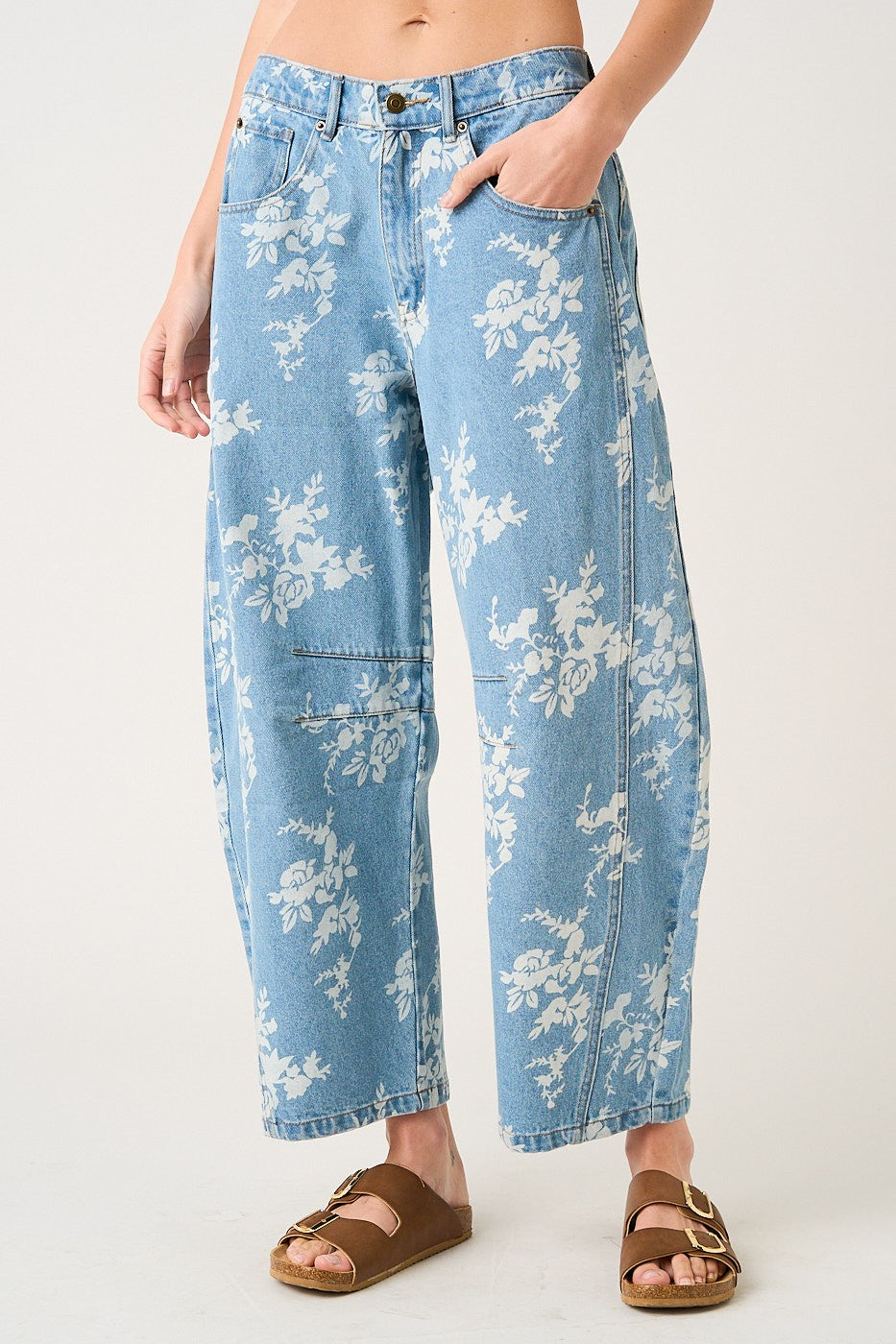 Mittoshop Floral Print Elastic waist Barrel Jeans