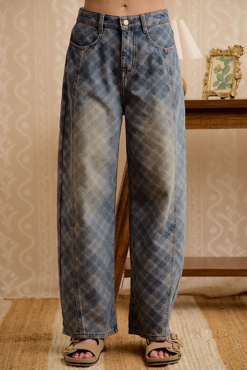 Bibi Plaid Denim Wide Leg Pants