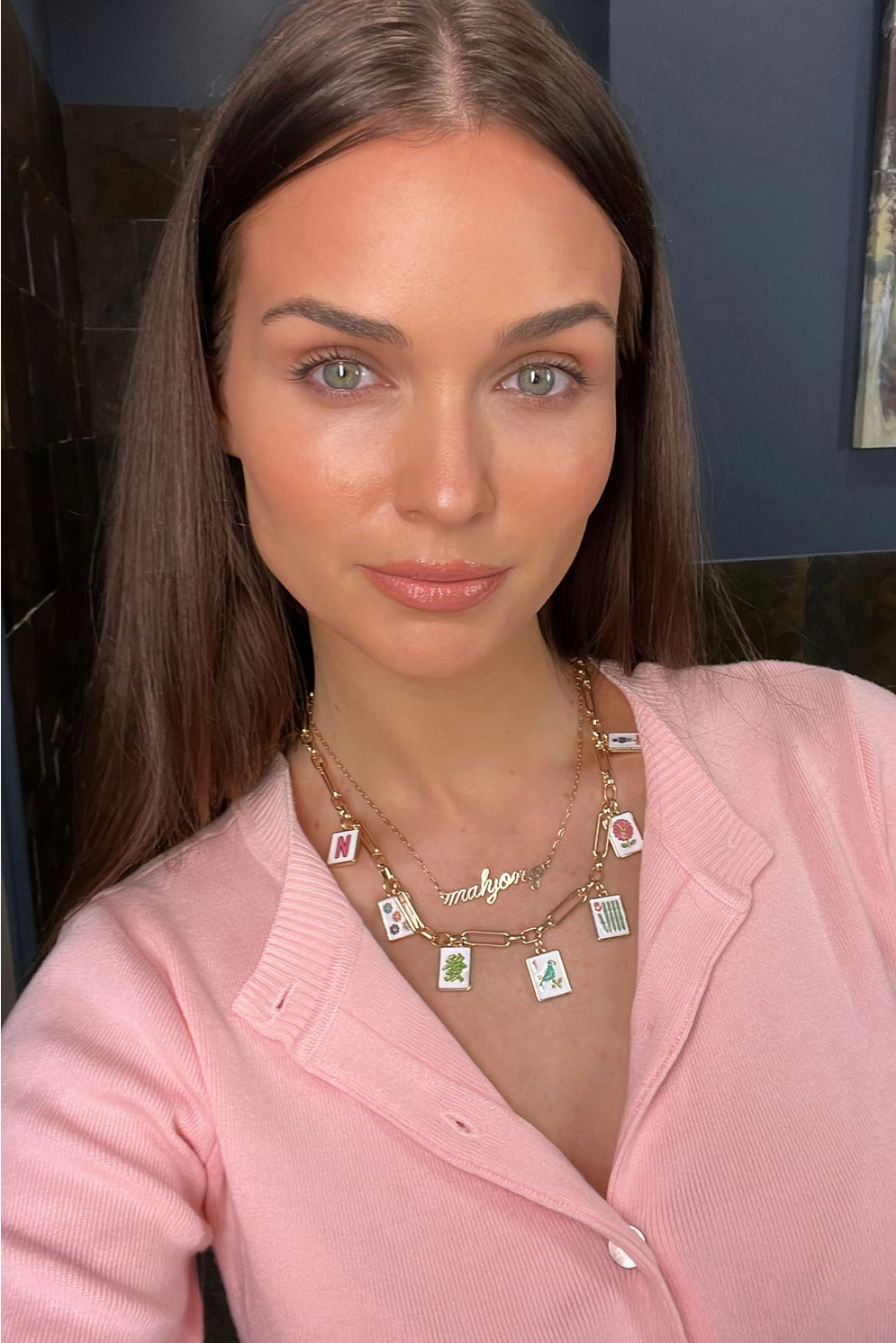 Canvas Style Mahjong Enamel Charm Necklace