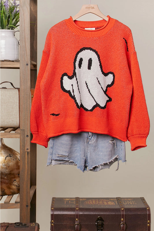 Mello Halloween Spooky Face Ghost Knit Top