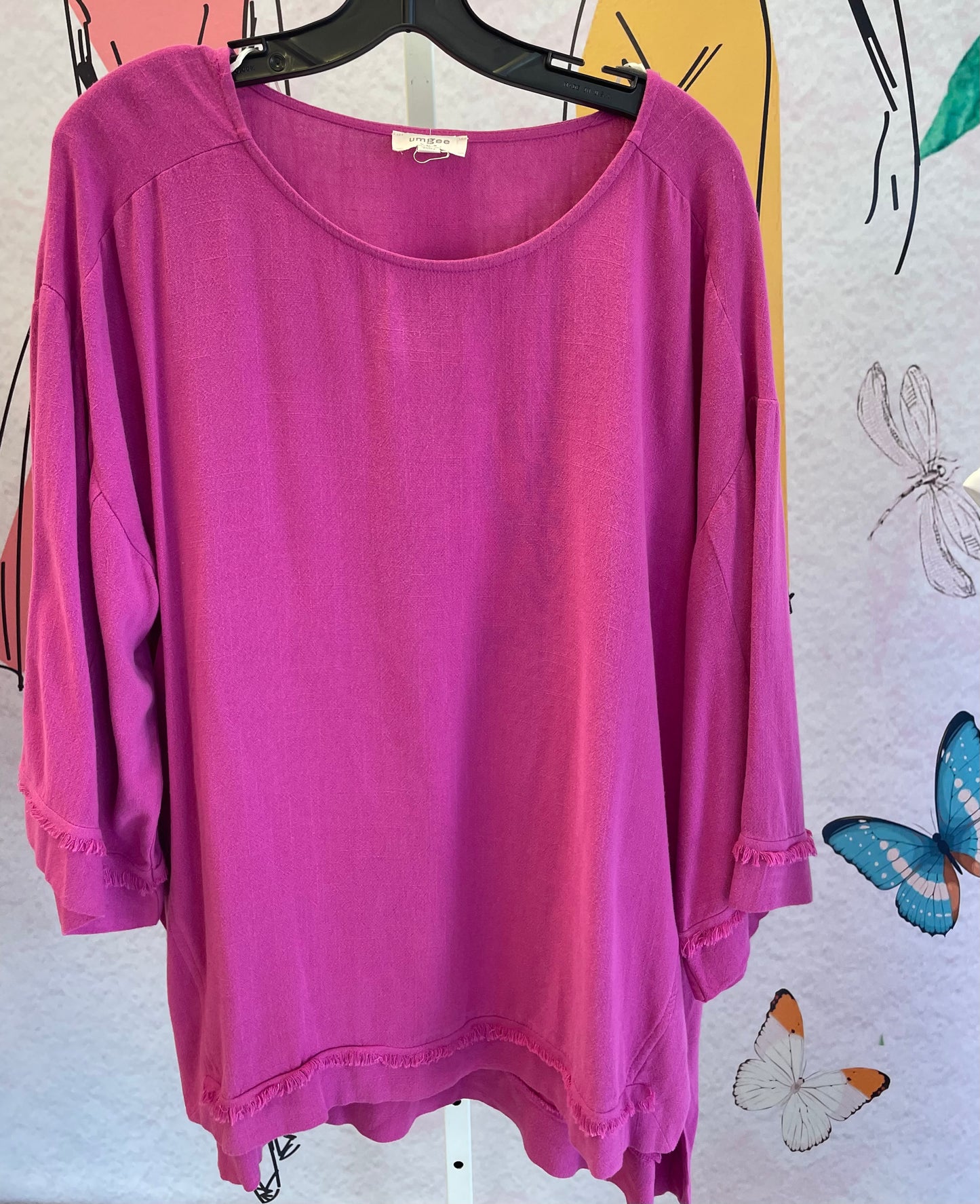 Umgee Long Sleeve Frayed Edge Top With Side Slits