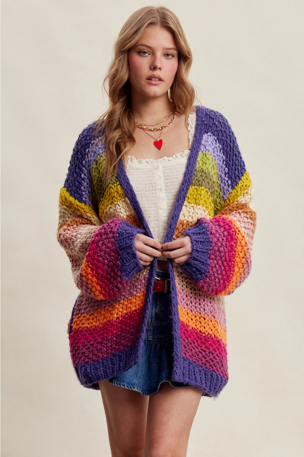 Listicle Rainbow Hand-Crochet Color Open Cardigan