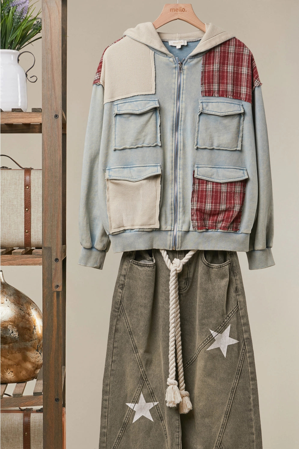 Mello Washed Blue Plaid Patch Hoodie