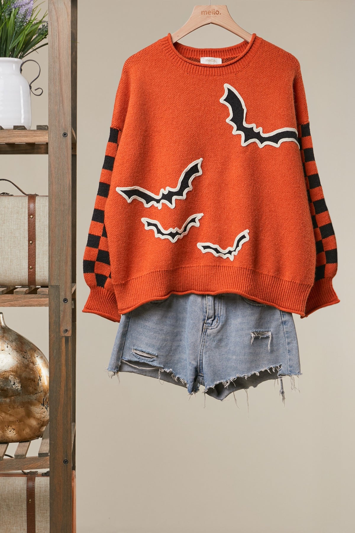 Mello Checkerboard Sleeve Bat Sweater