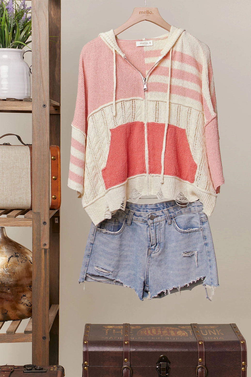 Mello Stripe Distressed Knit Hoodie