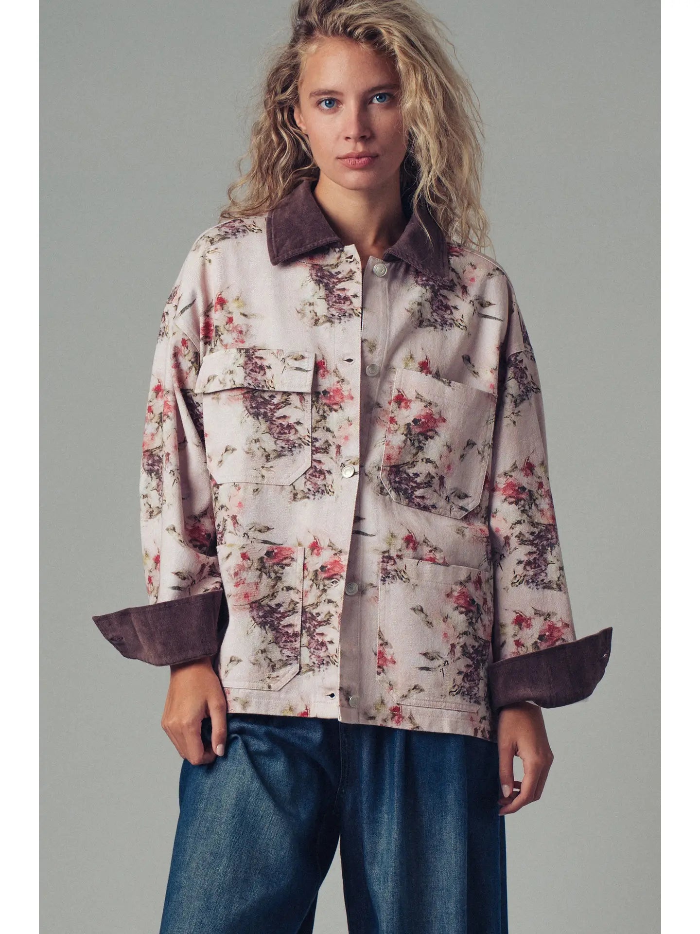 Urban Daizy Watercolor Floral Oversized Utility Jacket