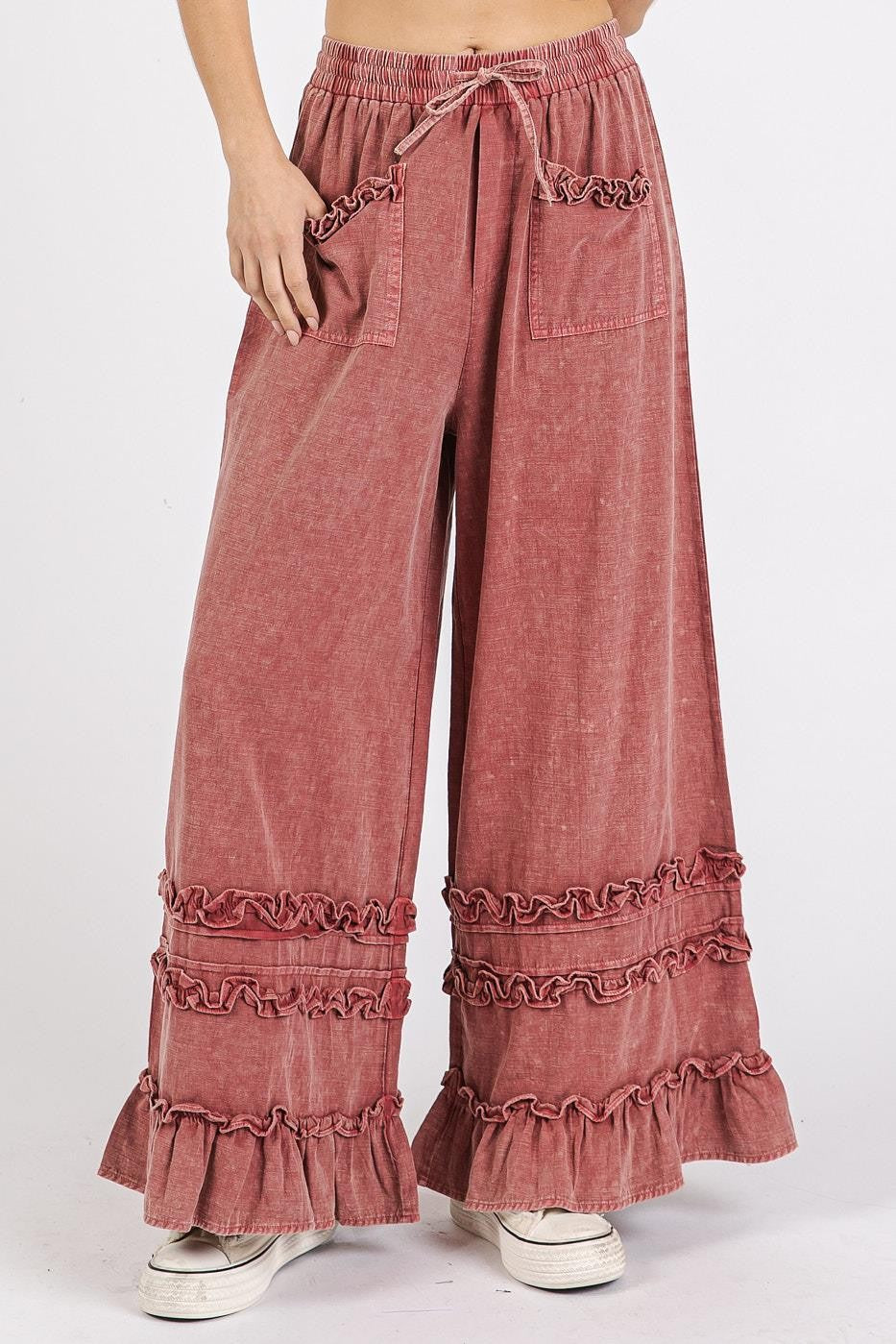 Mittoshop Ruffle Trim Mineral Wash Wide Leg Pants