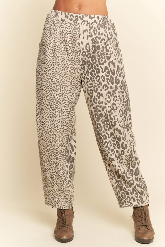 Davi & Dani Leopard Elastic Waist Barrel Pants