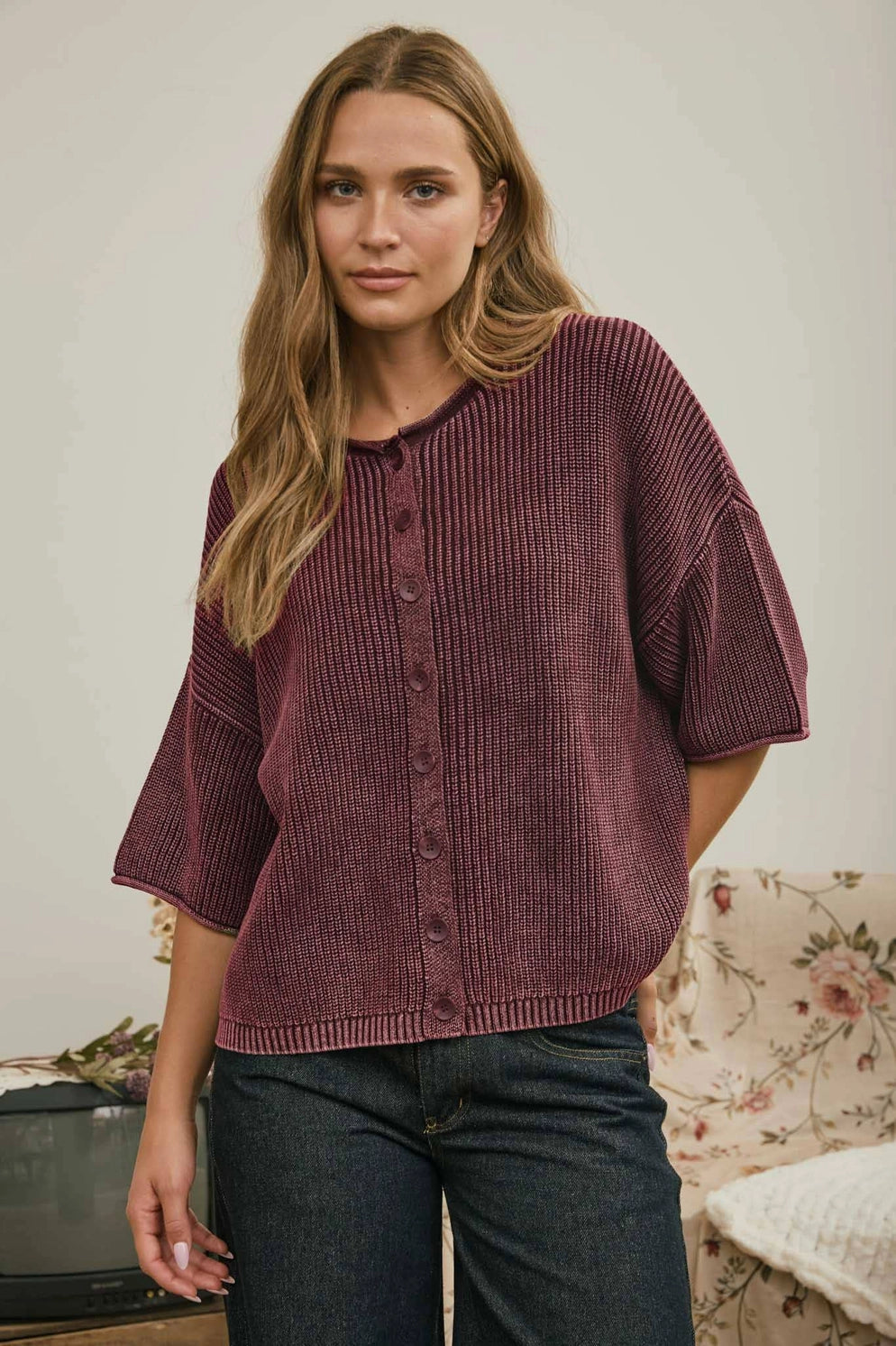 JOA Ribbed Short Sleeve Rolled Edge Cardigan