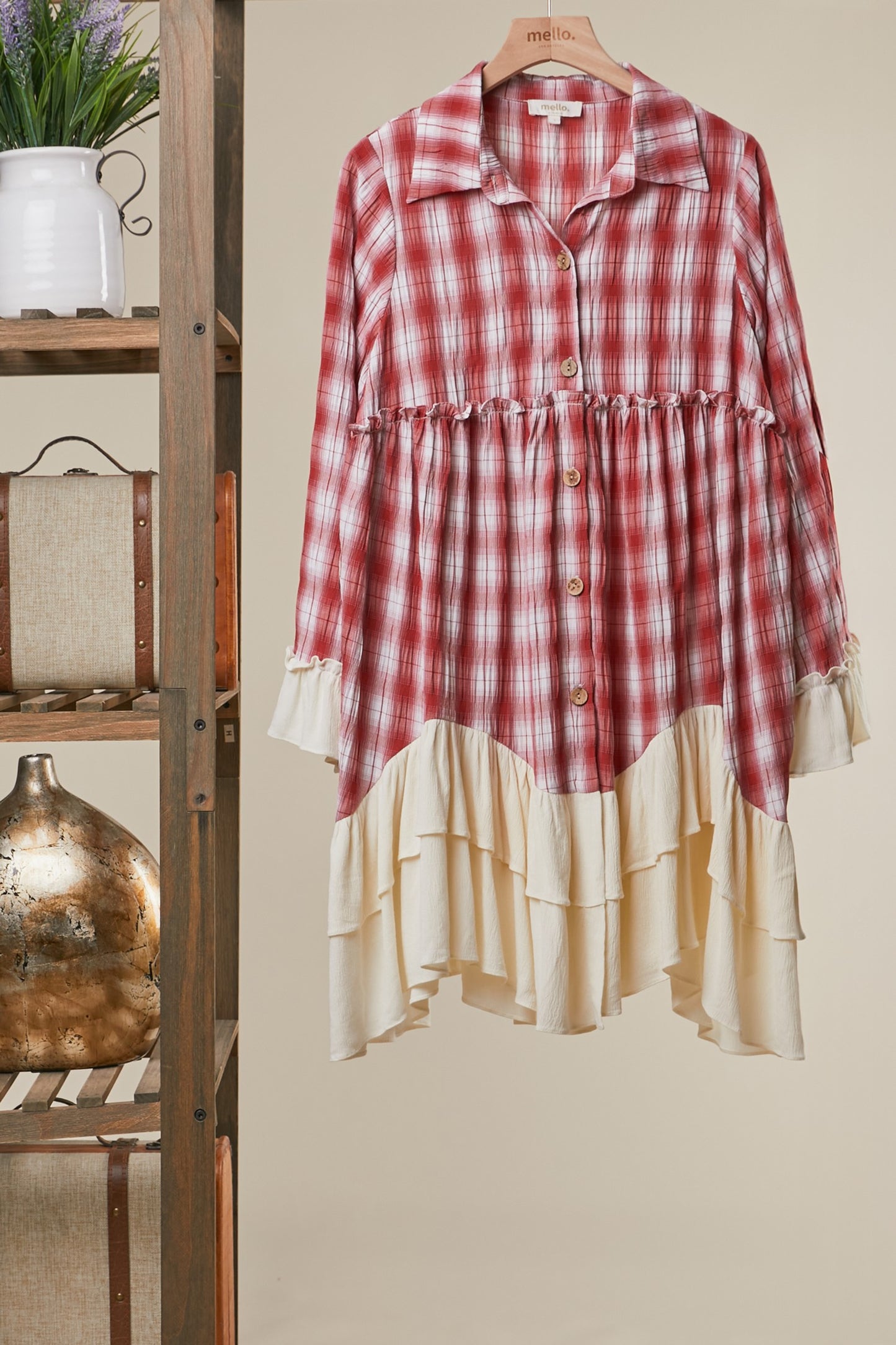 Mello Boho  Ruffled Plaid Button Down Shirt Dress