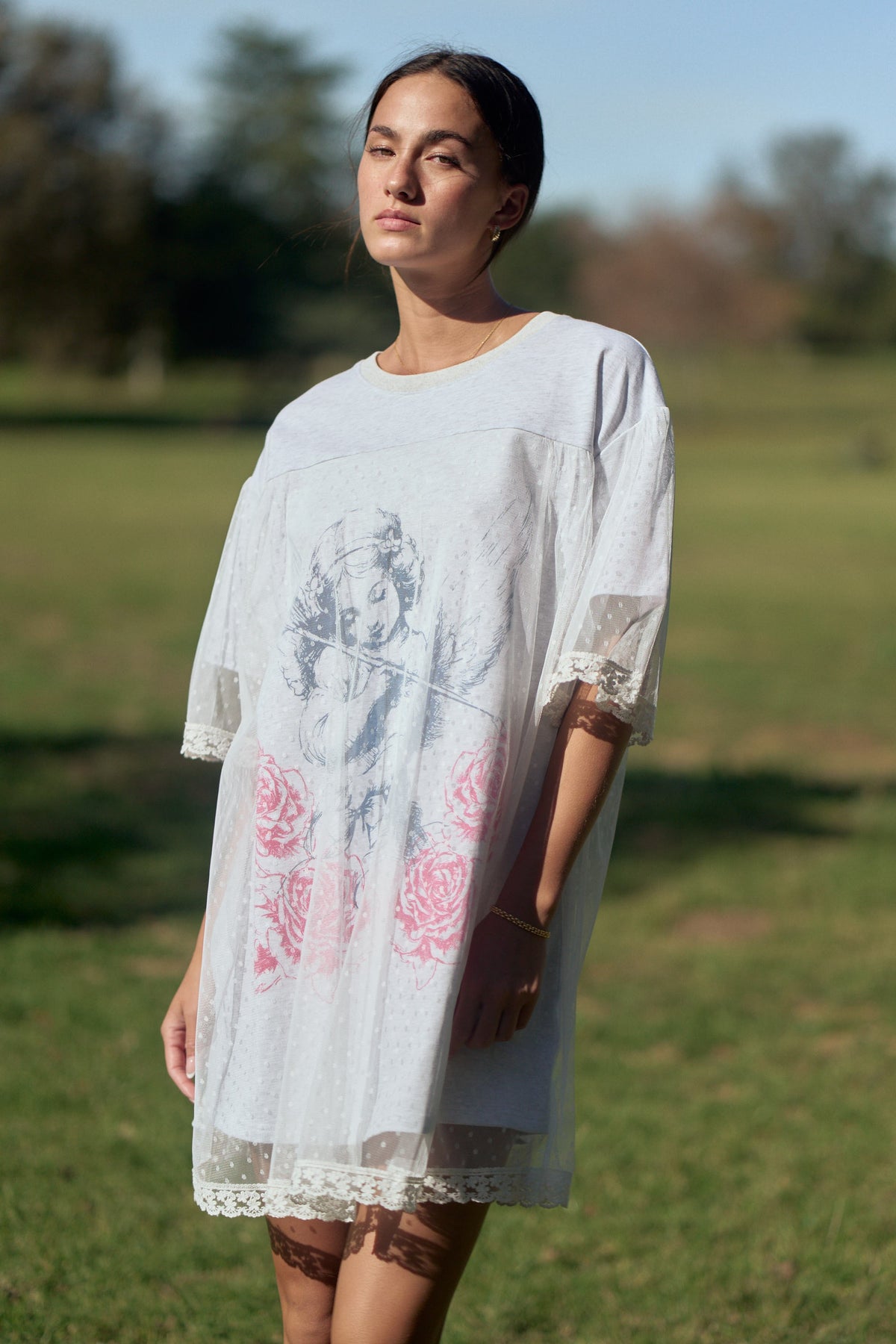 Davi & Dani Angel Printed Mesh Layered Dress