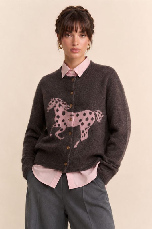 Davi & Dani Spotted Horse Intarsia Cardigan