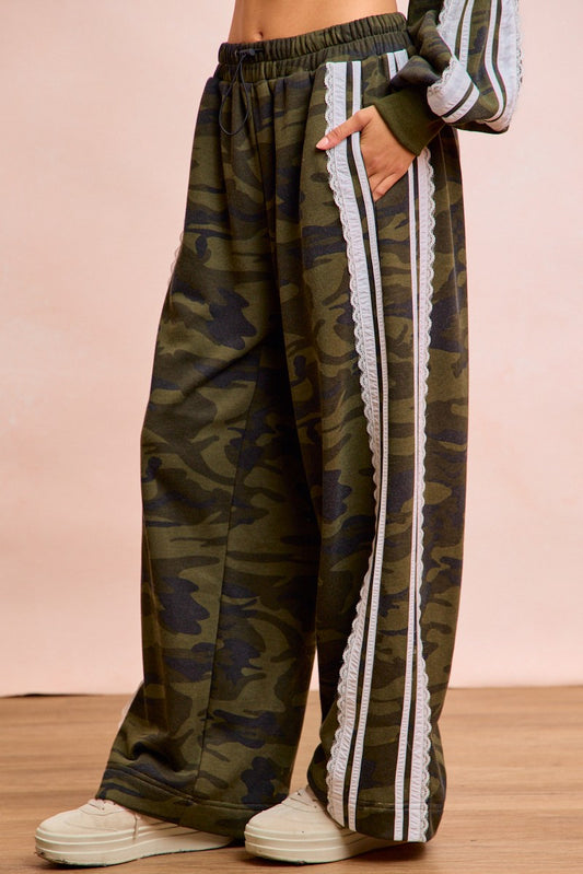 Bibi Camo Printed French Terry Lace Contrast Sweatpants
