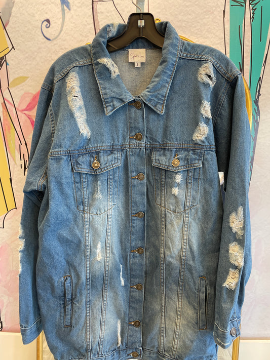Sew In Love Long Oversized Distressed Jean Jacket