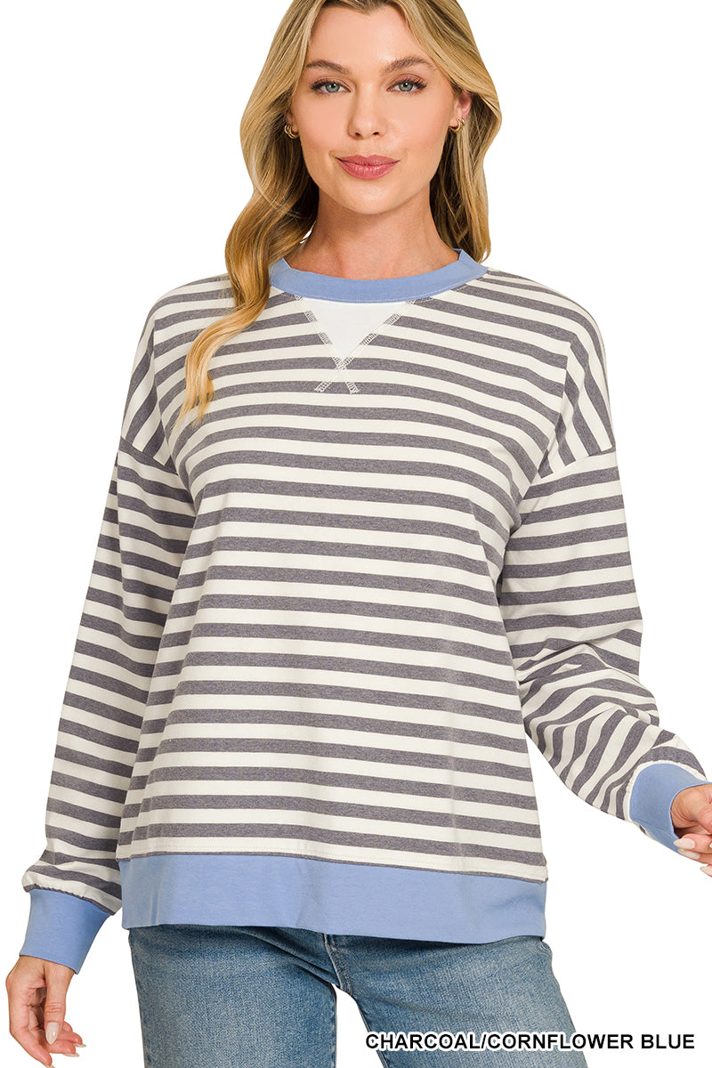 Zenana Striped Rib Banded Pullover