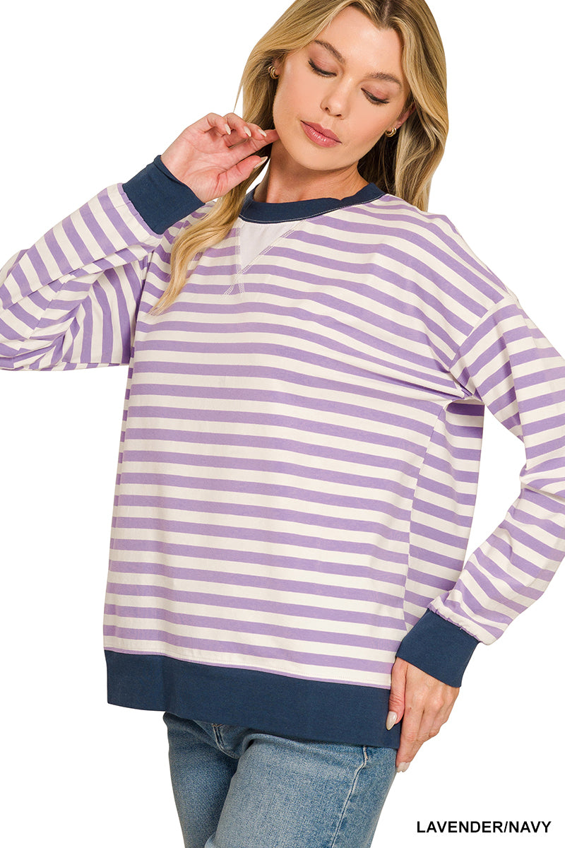 Zenana Striped Rib Banded Pullover