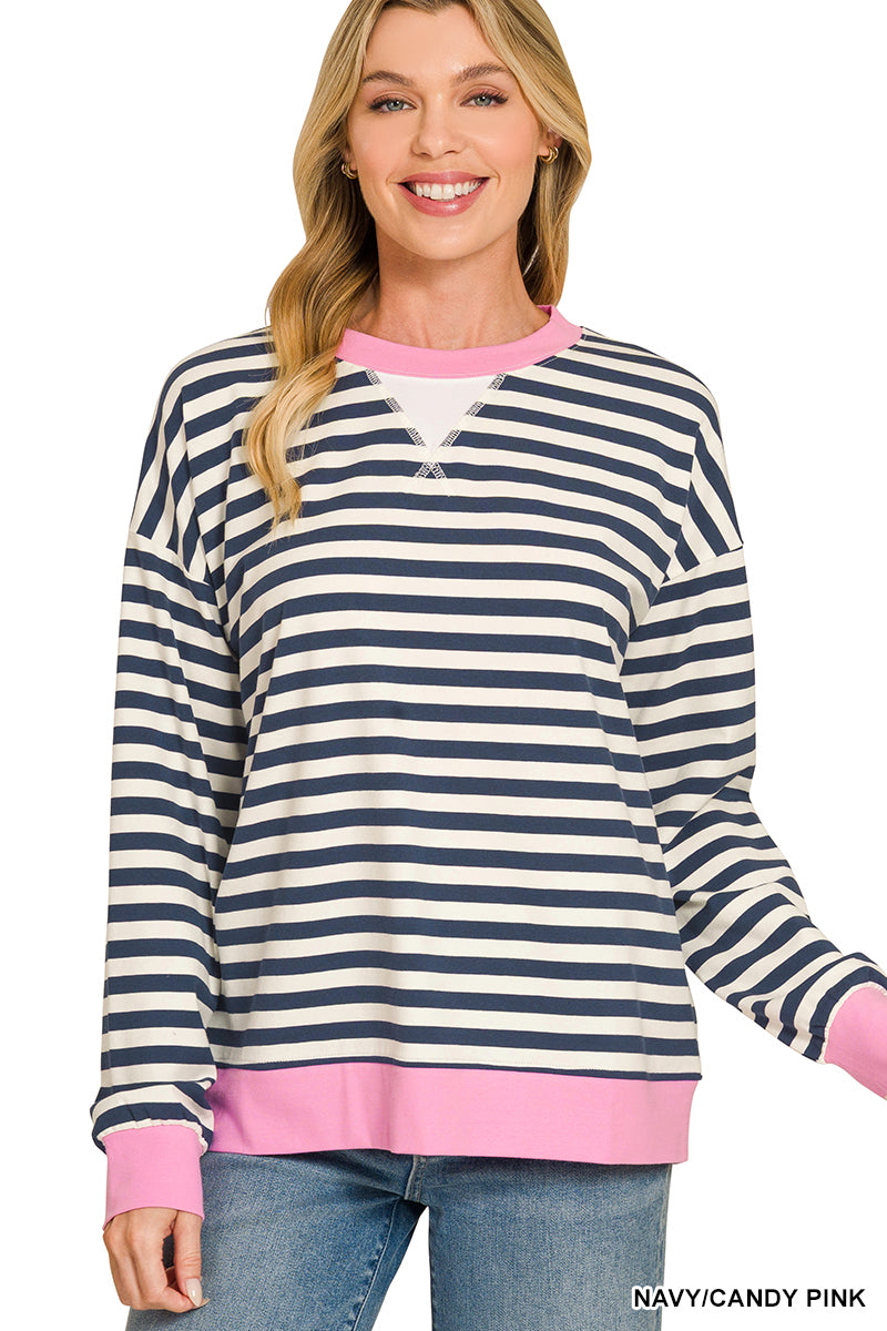 Zenana Striped Rib Banded Pullover