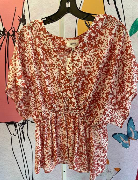 Heyson Floral V-Neck Gathered Waist Top