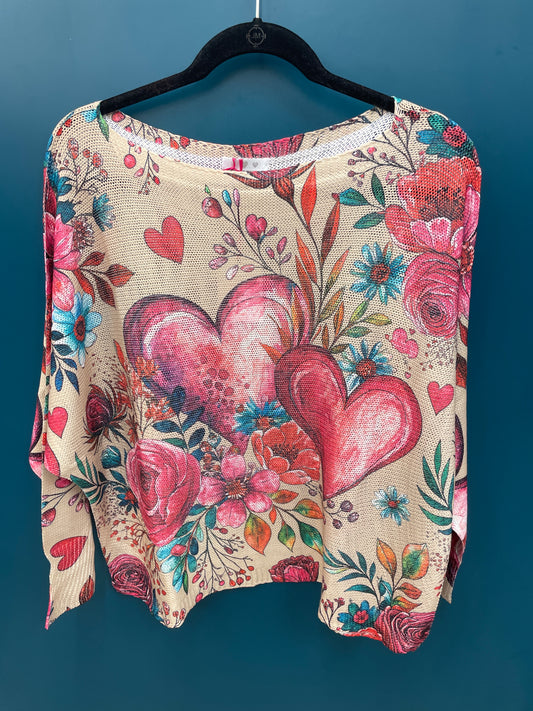 Yolly Beige Hearts & Flower Top