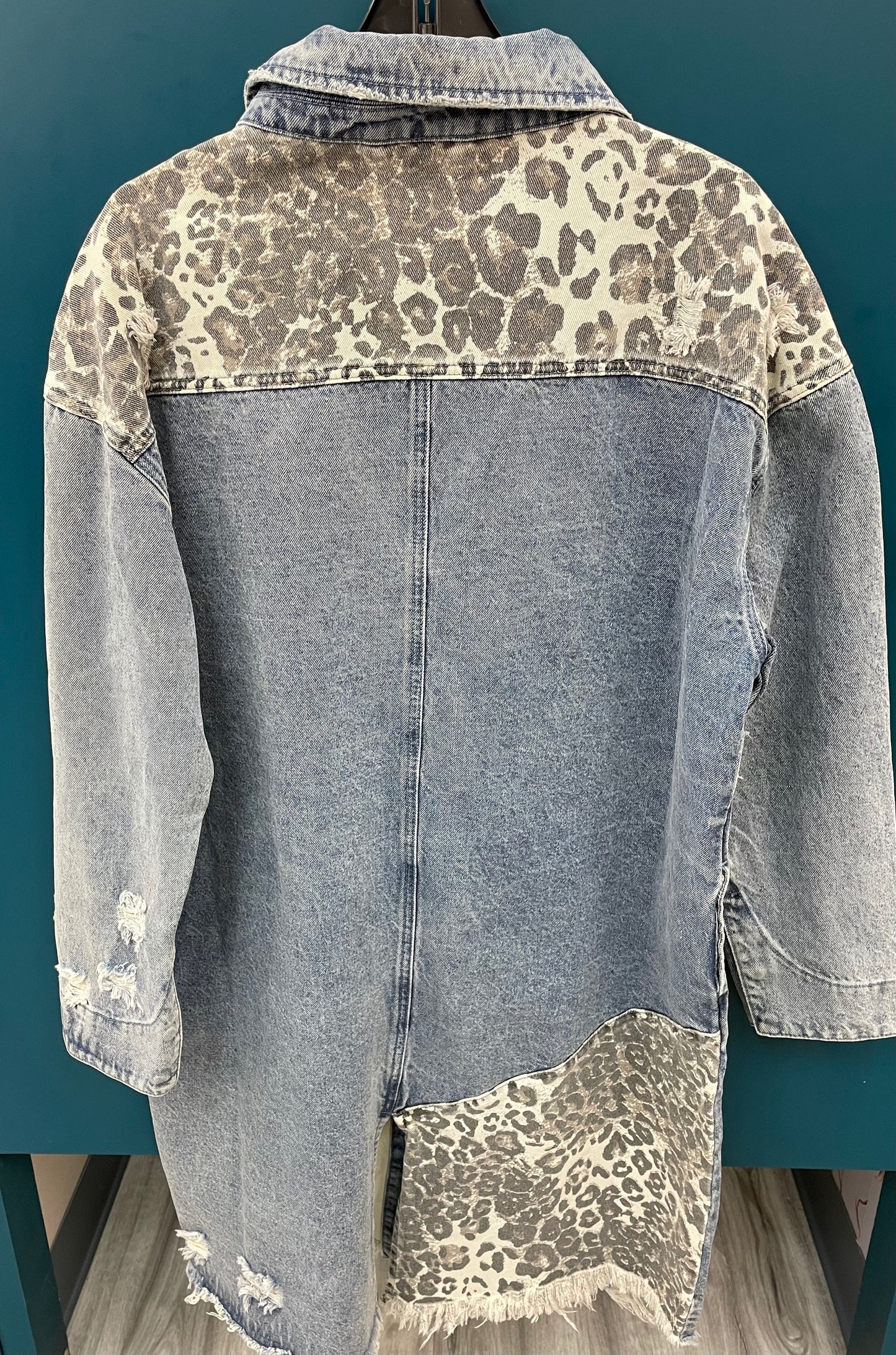 Oli & Hali Washed Long Color Block Leopard Jacket