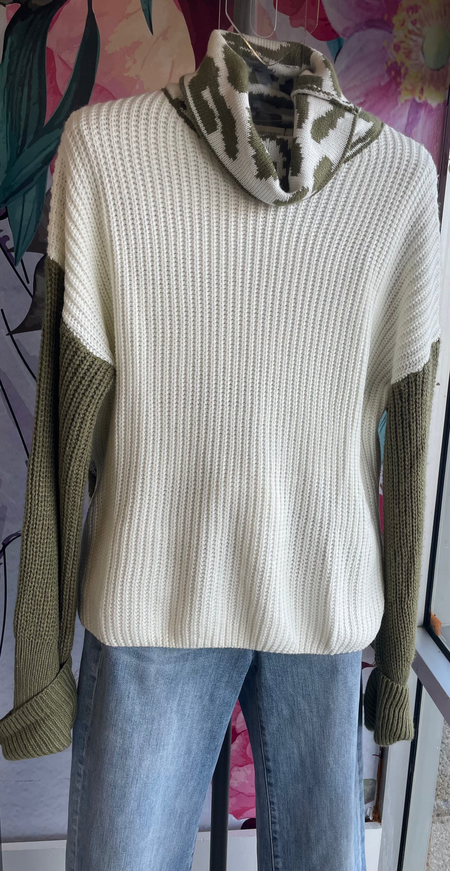 ATW Leopard Printed Color Block Turtle Neck Sweater