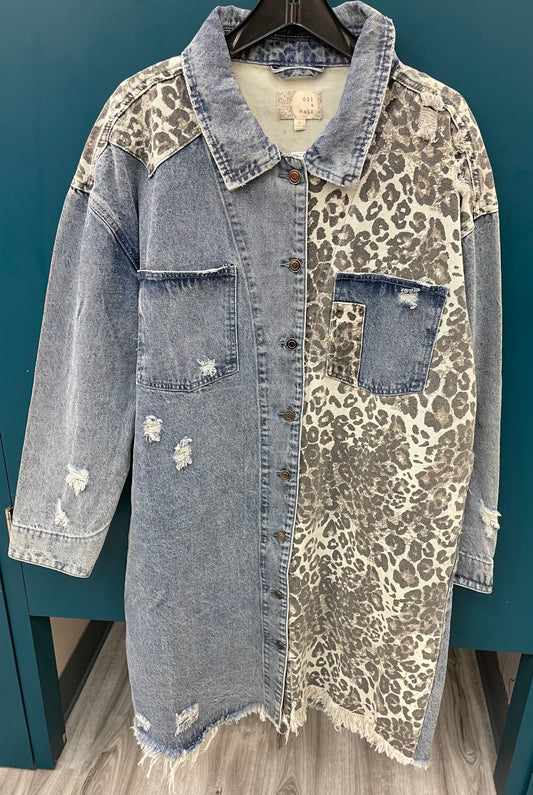 Oli & Hali Washed Long Color Block Leopard Jacket