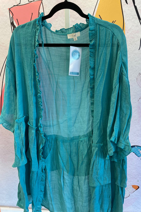 Easel Light Semi Sheer Open Front Ruffle Cardigan