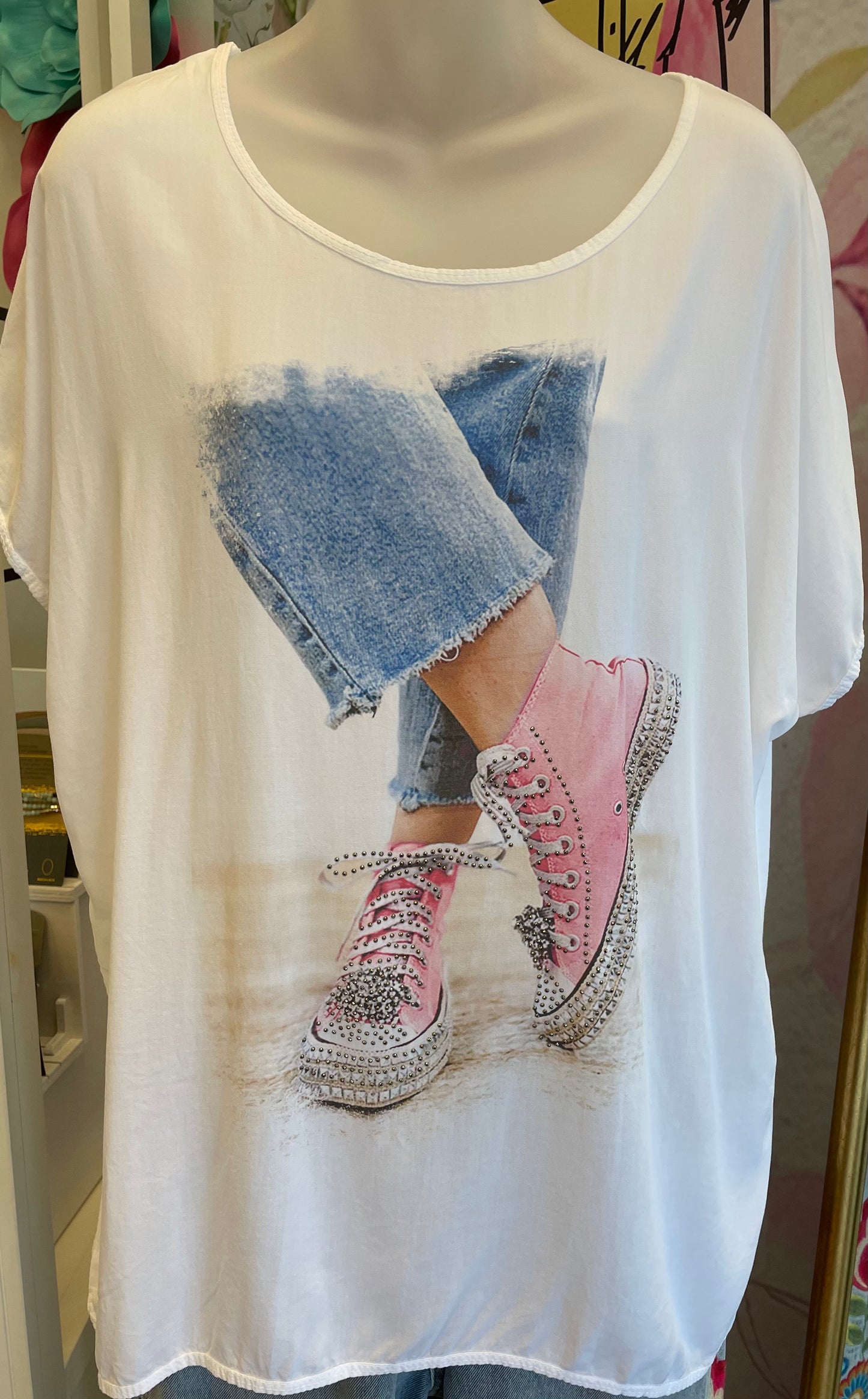 Yolly High Low Pink Sneakers With Rhinestones Tee