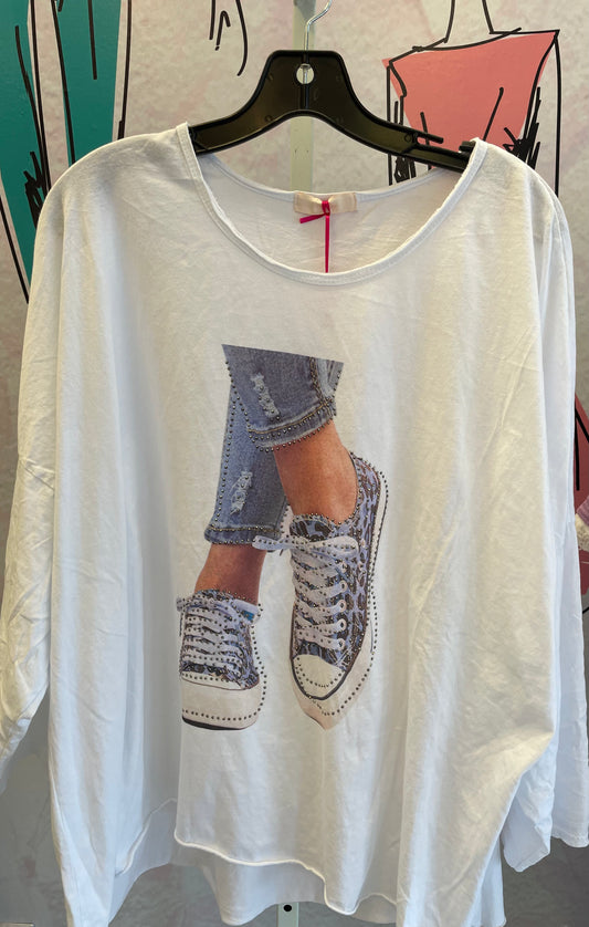 Yolly Long Sleeve Hi-Low Blue Sneakers Tee