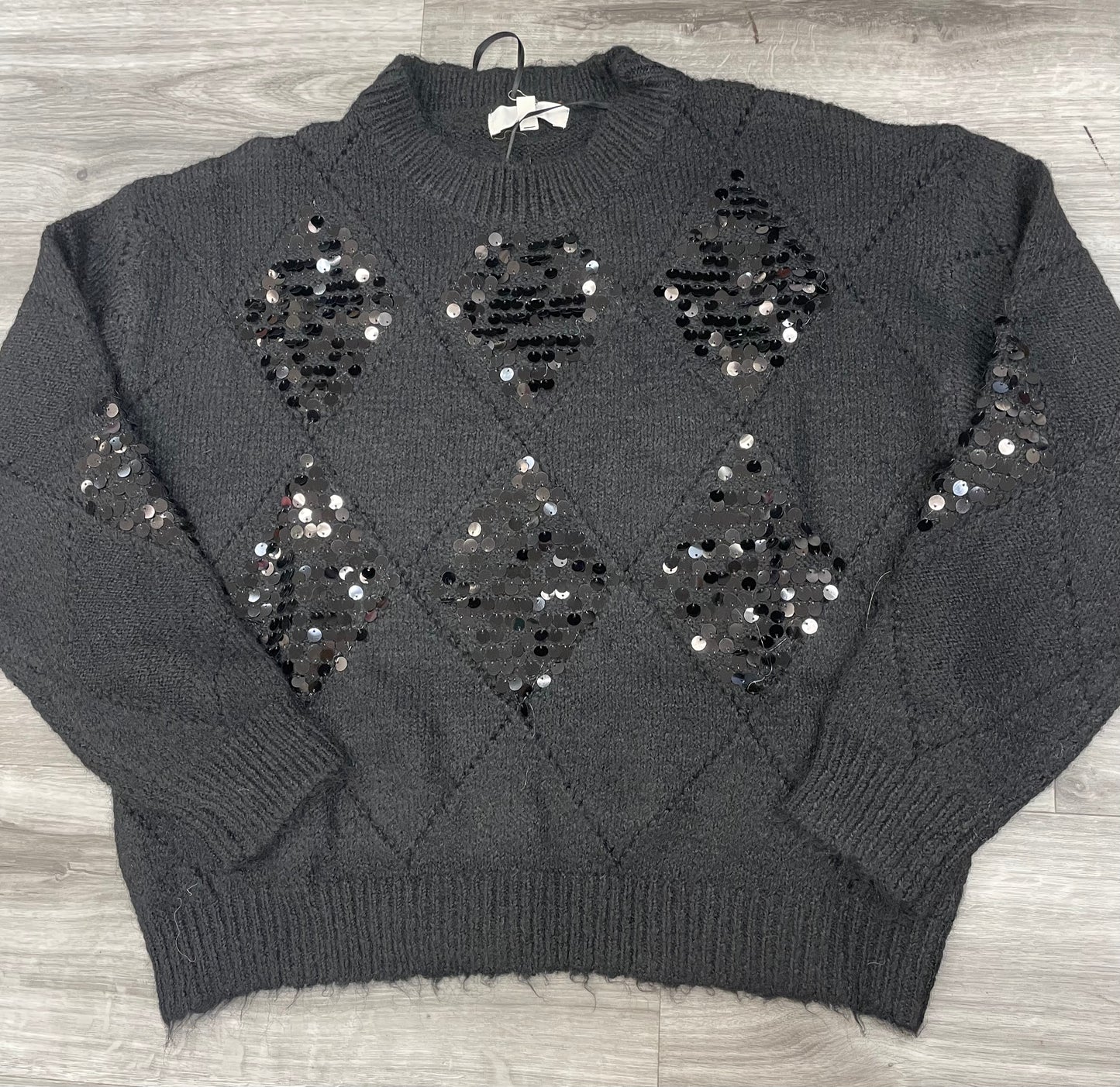 Klesis Diamond Pattern Sequins Fuzzy Knit Sweater Top