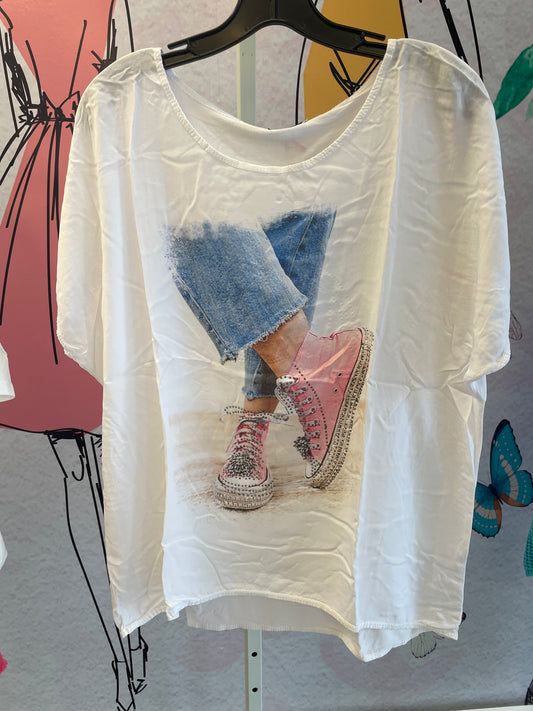 Yolly High Low Pink Sneakers With Rhinestones Tee