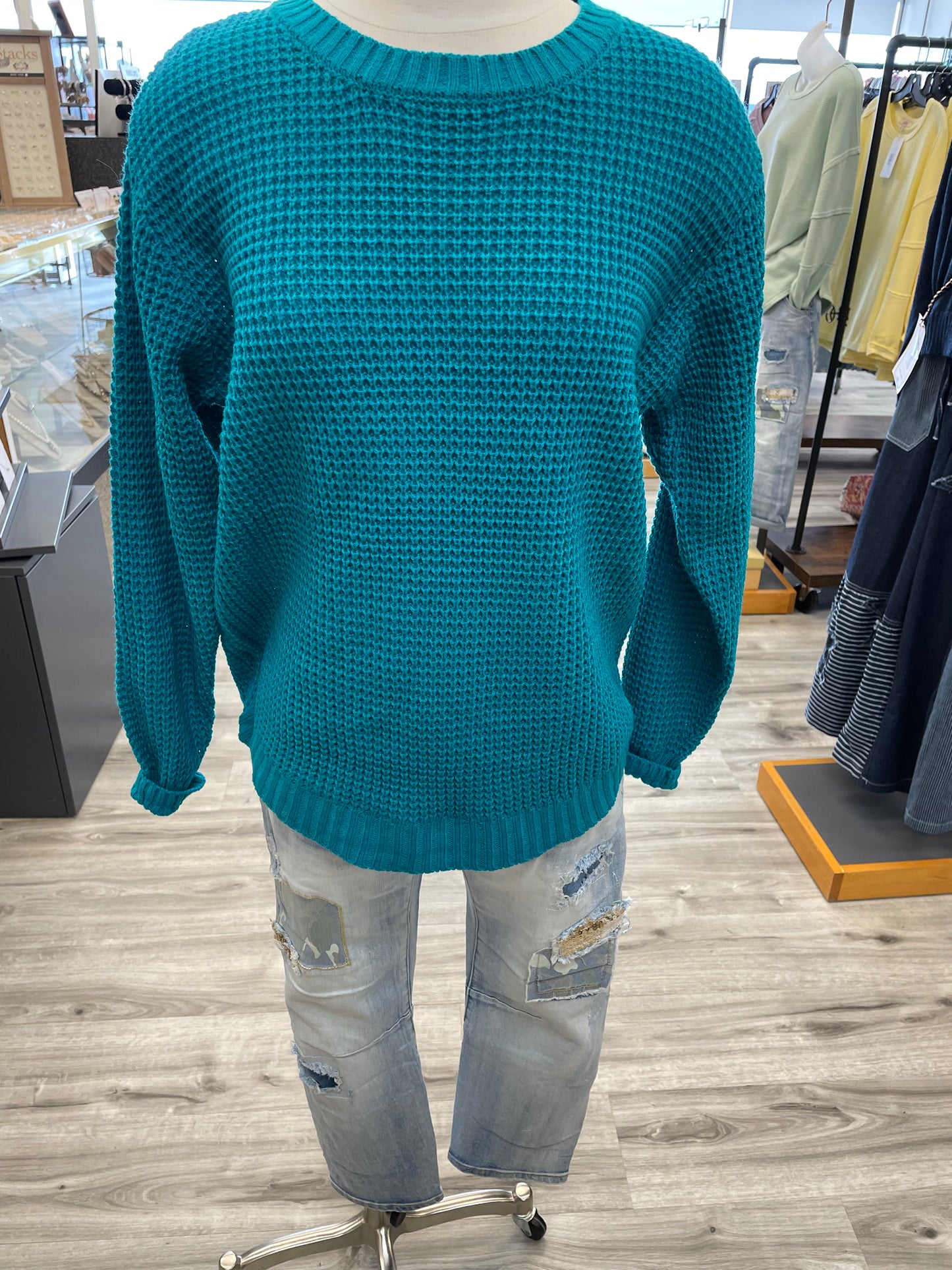 Zenana Hi-Low Round Neck Waffle Sweater